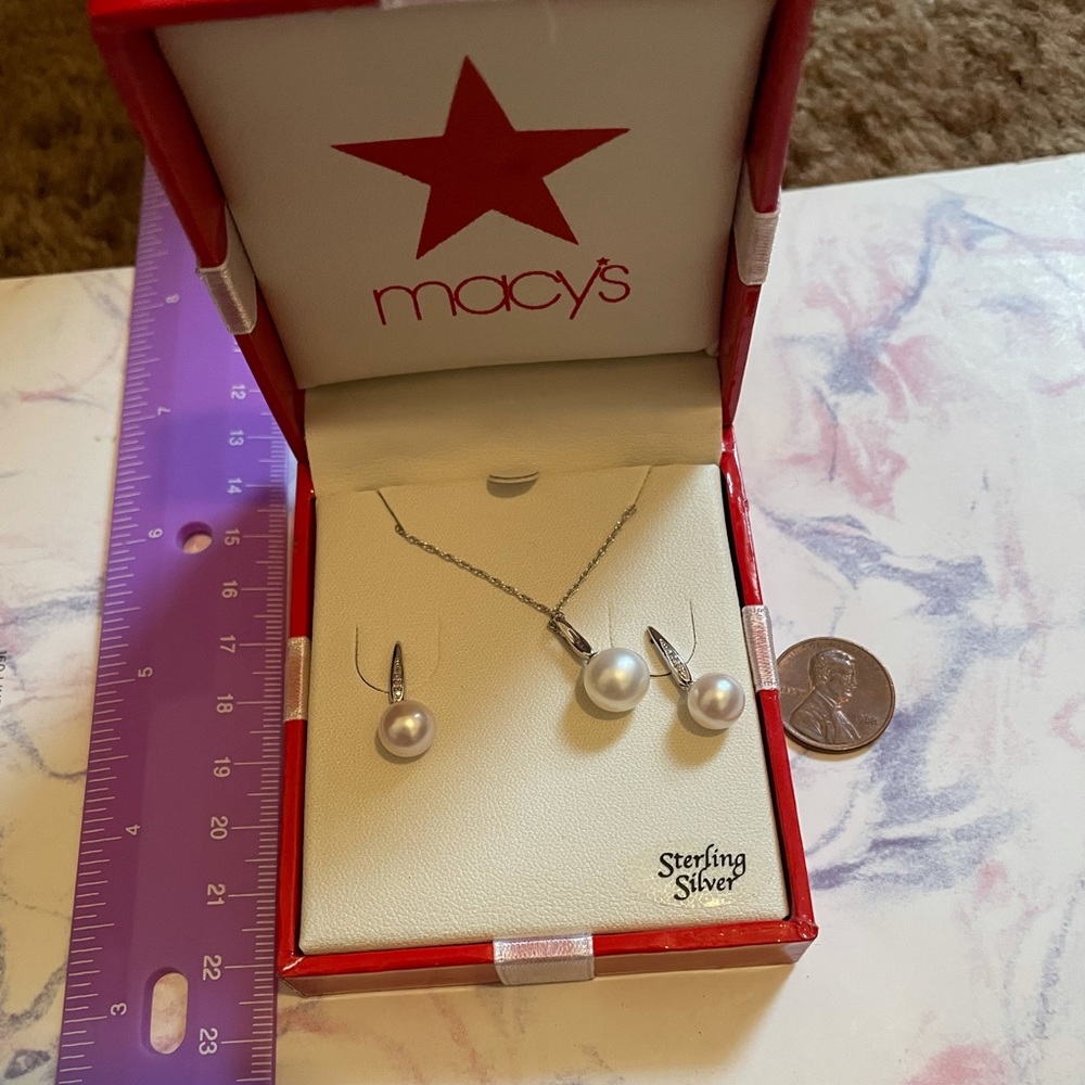 Macy’s new in box silver pearl necklace and earrings set